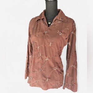 Feathers Embroidered Floral Brown Women's Shirt size M